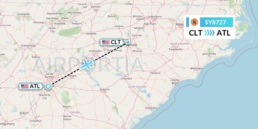 SY8727 Sun Country Airlines Flight Map: Charlotte to Atlanta