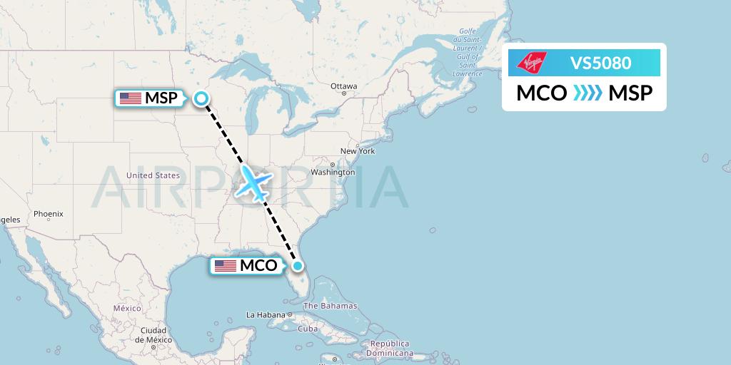 VS5080 Virgin Atlantic Airways Flight Map: Orlando to Minneapolis