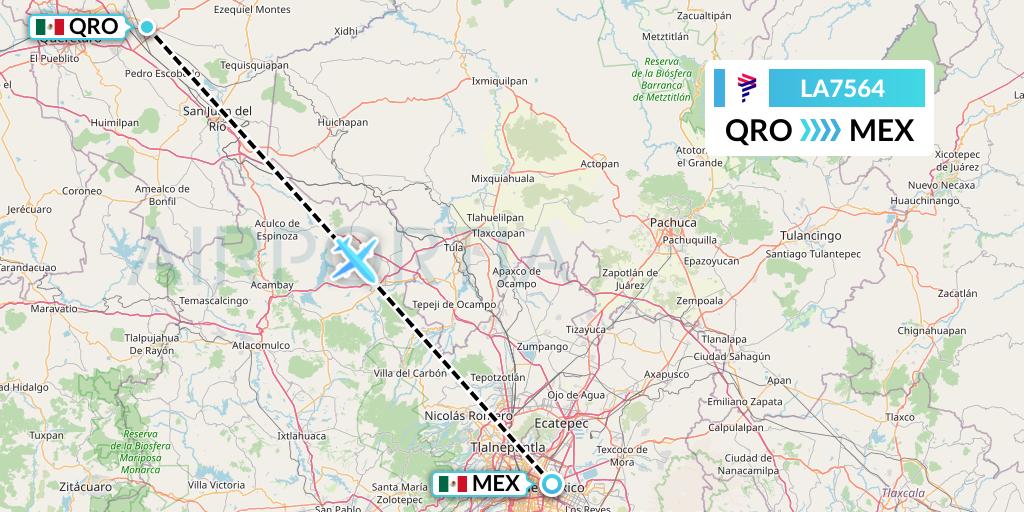 LA7564 LAN Airlines Flight Map: Queretaro to Mexico City
