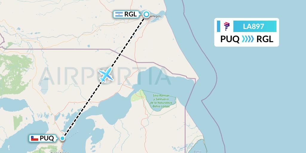 LA897 LAN Airlines Flight Map: Punta Arenas to Rio Gallegos