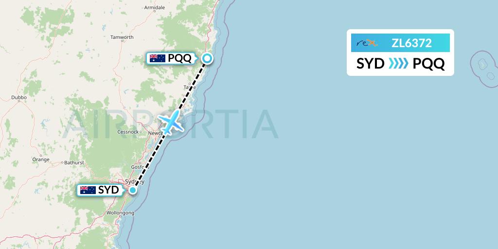 ZL6372 Regional Express Flight Map: Sydney to Port Macquarie