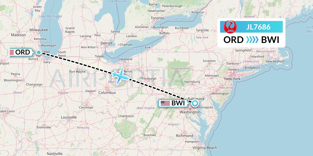 JL7686 Japan Airlines Flight Map: Chicago to Baltimore