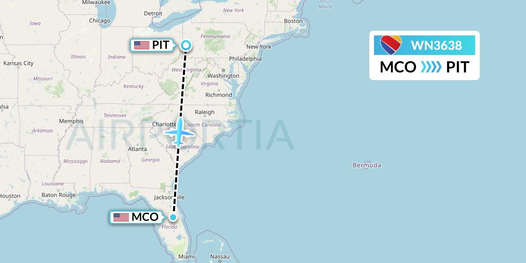 WN3638 Southwest Airlines Flight Map: Orlando to Pittsburgh