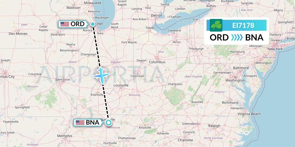 EI7178 Aer Lingus Flight Map: Chicago to Nashville