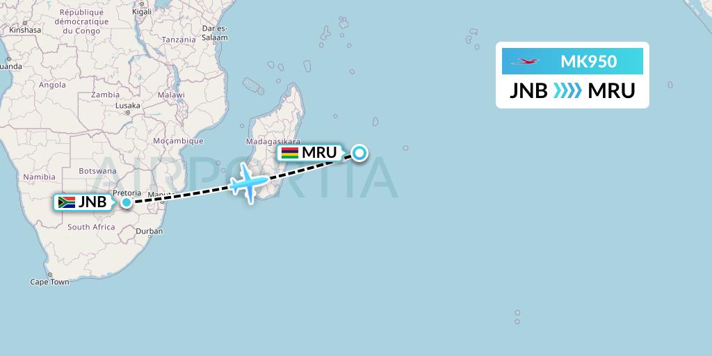 MK950 Air Mauritius Flight Map: Johannesburg to Port Louis