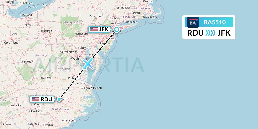 BA5510 British Airways Flight Map: Raleigh-Durham to New York