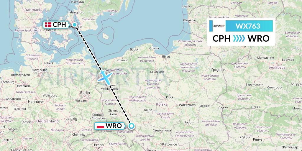 WX763 Cityjet Flight Map: Copenhagen to Wroclaw