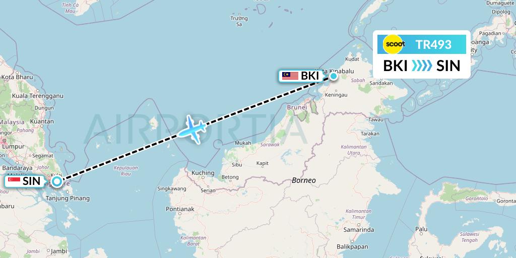 TR493 Tigerair Flight Map: Kota Kinabalu to Singapore