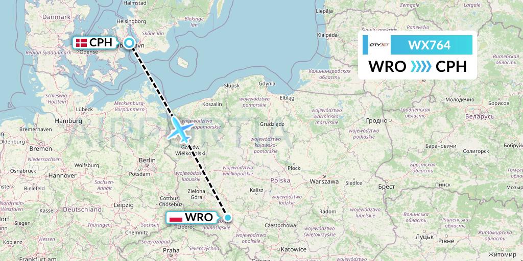WX764 Cityjet Flight Map: Wroclaw to Copenhagen