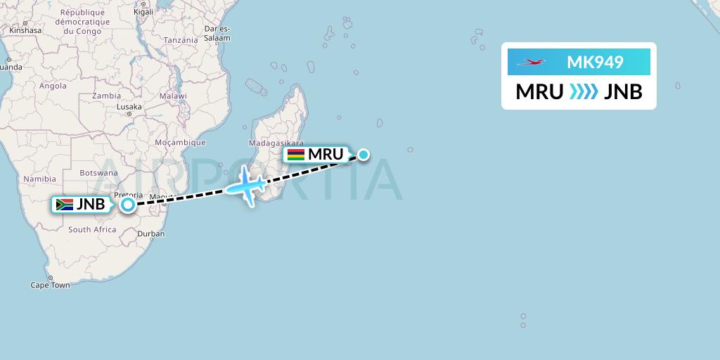 MK949 Air Mauritius Flight Map: Port Louis to Johannesburg