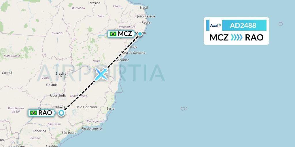 AD2488 Azul Brazilian Airlines Flight Map: Maceio to Riberao Preto