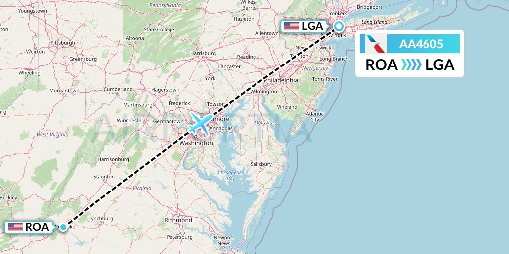 AA4605 American Airlines Flight Map: Roanoke to New York