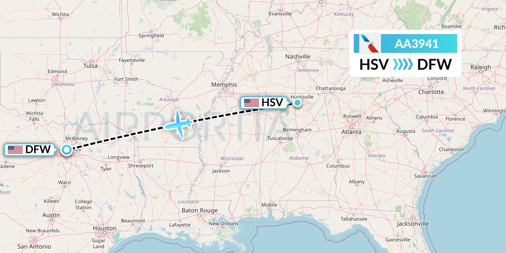 AA3941 American Airlines Flight Map: Huntsville to Dallas