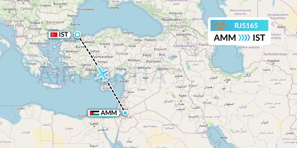 RJ5165 Royal Jordanian Flight Map: Amman to Istanbul