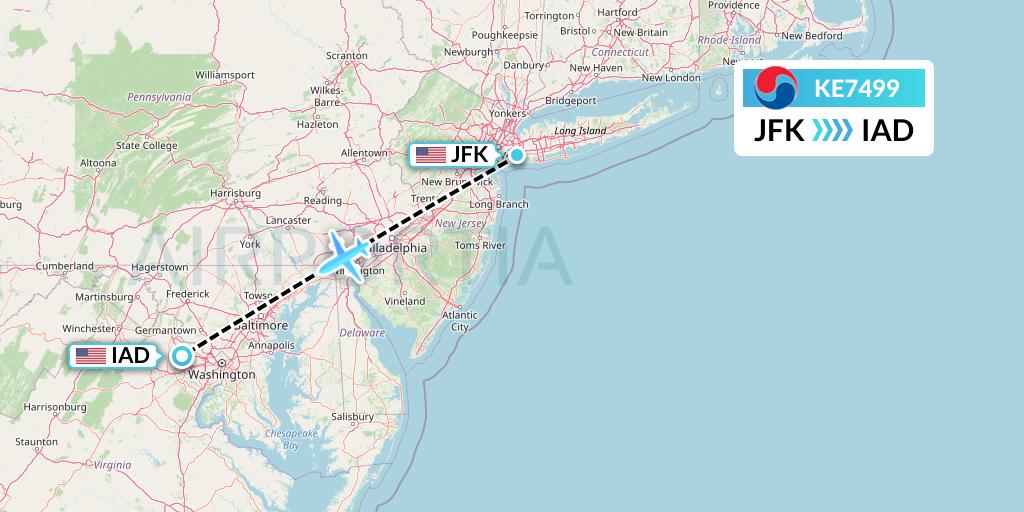 KE7499 Korean Air Flight Map: New York to Washington