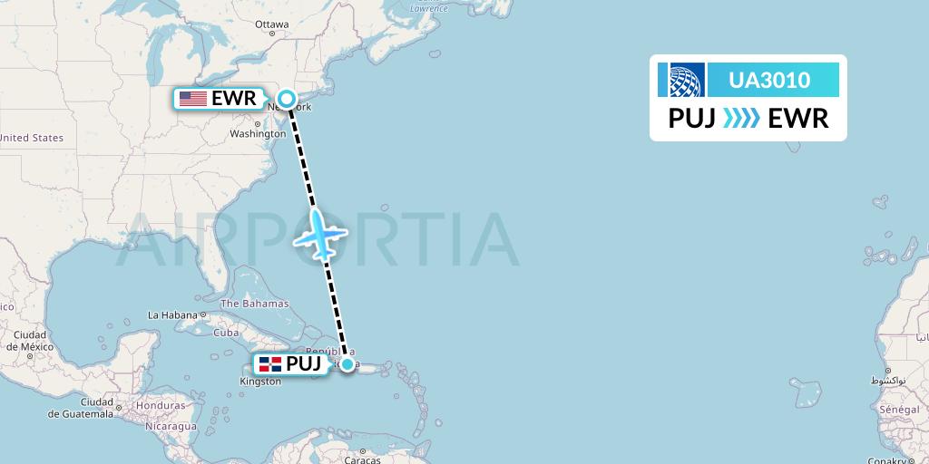 UA3010 United Airlines Flight Map: Punta Cana to New York