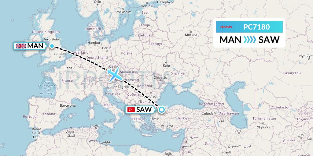 PC7180 Pegasus Airlines Flight Map: Manchester to Istanbul