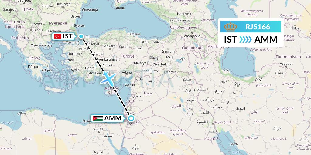 RJ5166 Royal Jordanian Flight Map: Istanbul to Amman