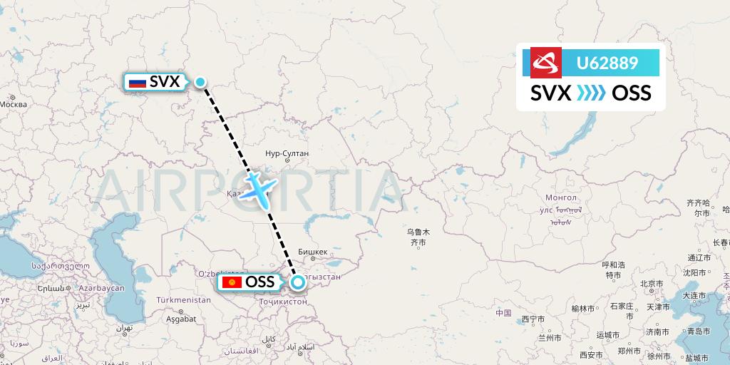 U62889 Ural Airlines Flight Map: Yekaterinburg to Osh