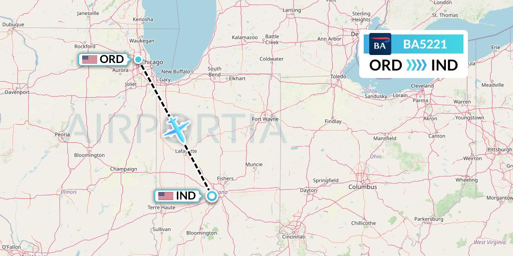 BA5221 British Airways Flight Map: Chicago to Indianapolis