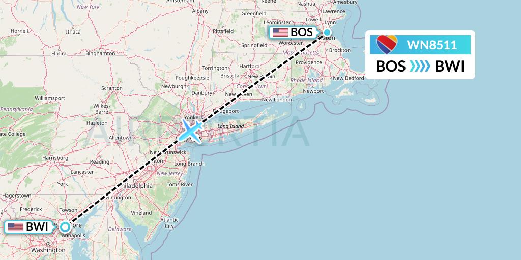 WN8511 Southwest Airlines Flight Map: Boston to Baltimore