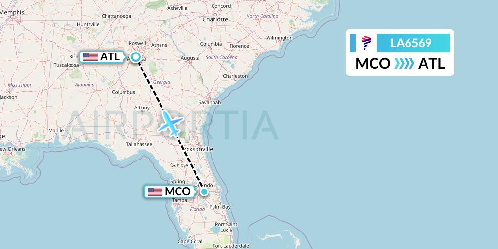 LA6569 LAN Airlines Flight Map: Orlando to Atlanta