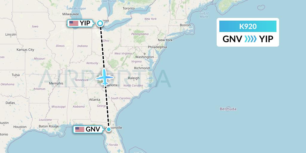 K920 Kalitta Charters Flight Map: Gainesville to Detroit