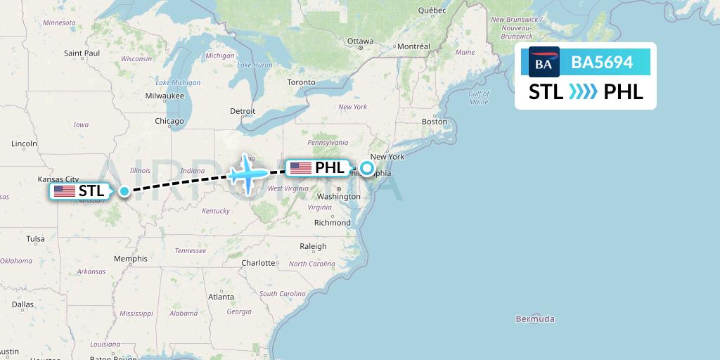 BA5694 British Airways Flight Map: St. Louis to Philadelphia