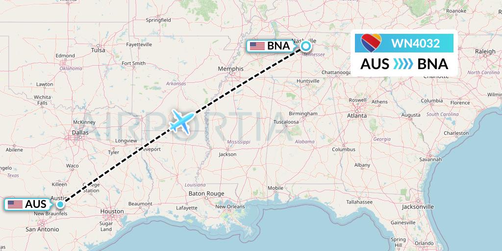 WN4032 Southwest Airlines Flight Map: Austin to Nashville