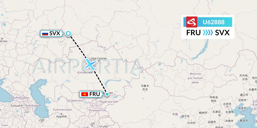 U62888 Ural Airlines Flight Map: Bishkek to Yekaterinburg