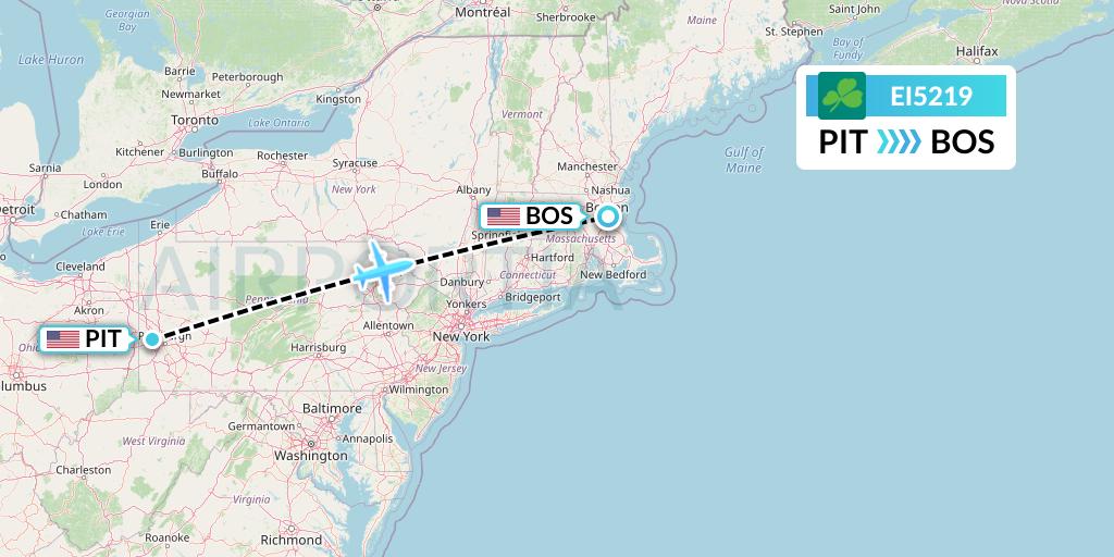 EI5219 Aer Lingus Flight Map: Pittsburgh to Boston