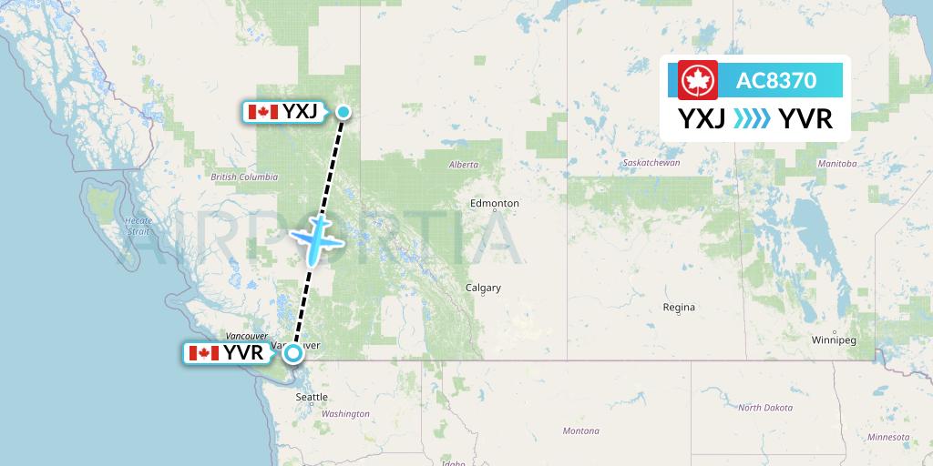 AC8370 Air Canada Flight Map: Fort St. John to Vancouver