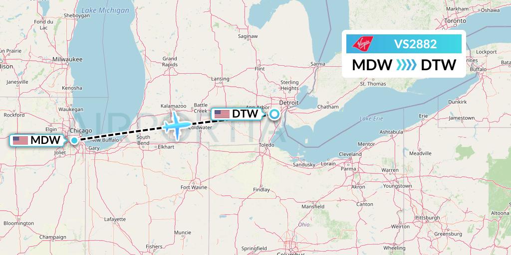 VS2882 Virgin Atlantic Airways Flight Map: Chicago to Detroit