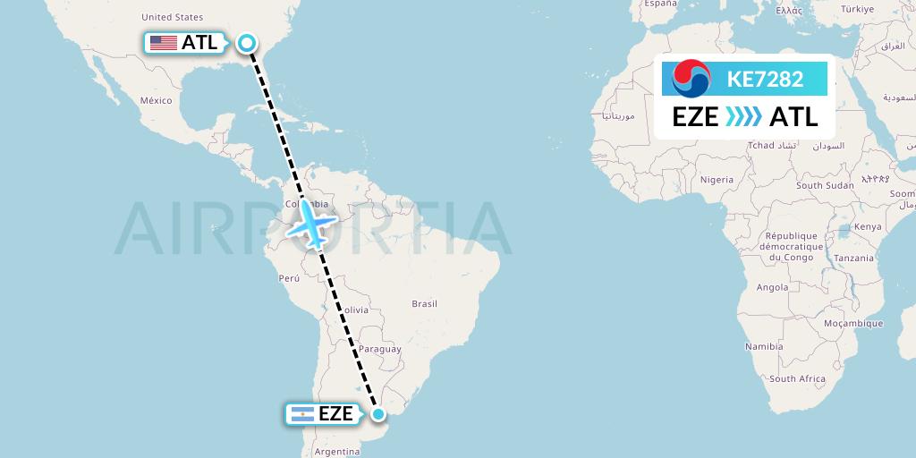 KE7282 Korean Air Flight Map: Buenos Aires to Atlanta
