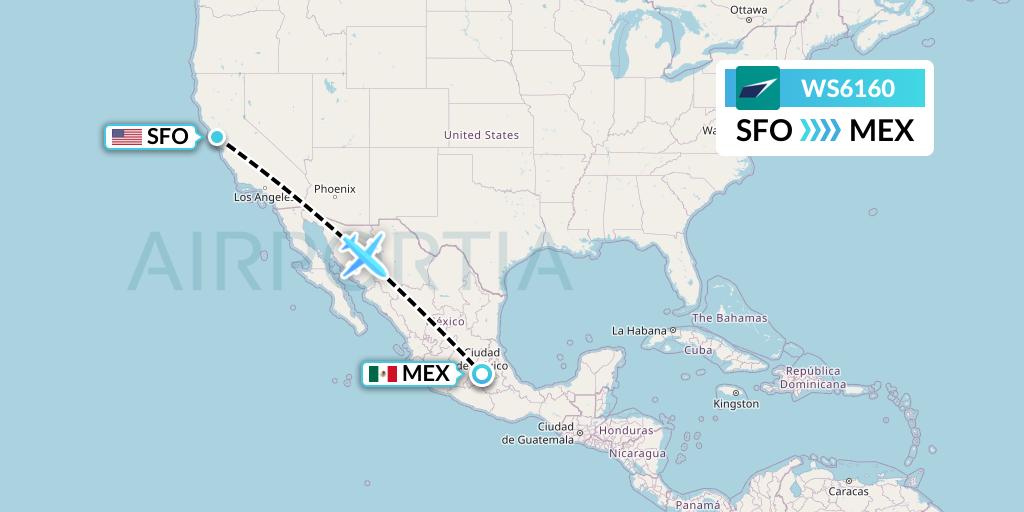 WS6160 WestJet Flight Map: San Francisco to Mexico City
