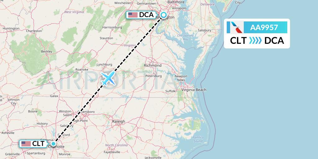 AA9957 American Airlines Flight Map: Charlotte to Washington