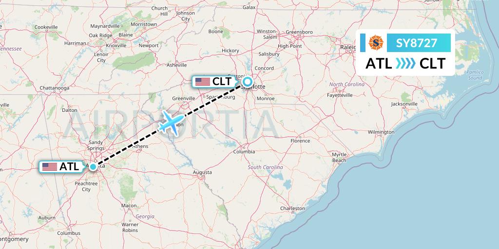 SY8727 Sun Country Airlines Flight Map: Atlanta to Charlotte