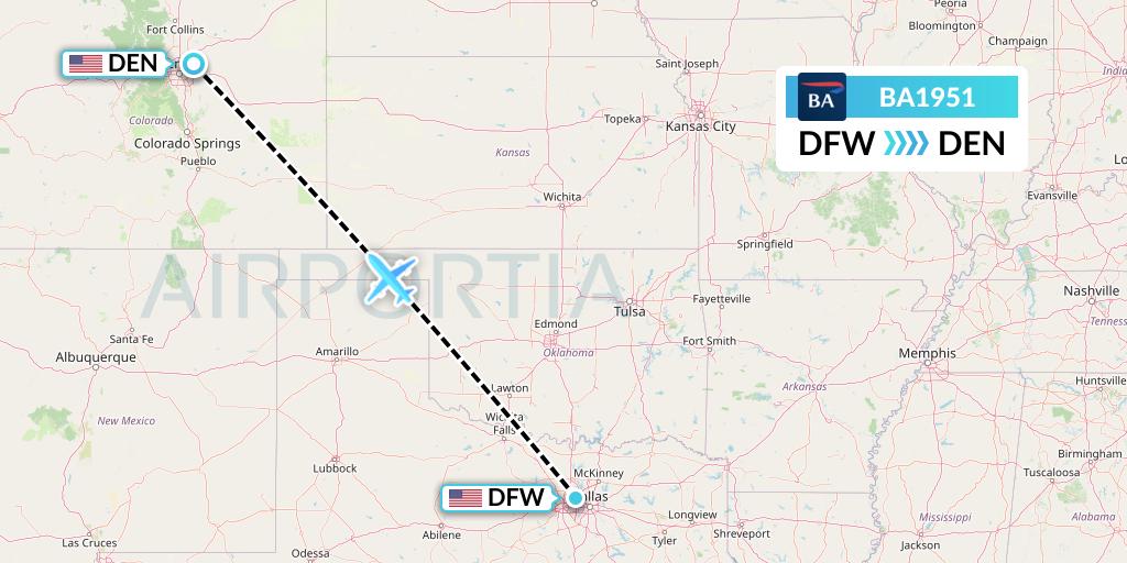 BA1951 British Airways Flight Map: Dallas to Denver
