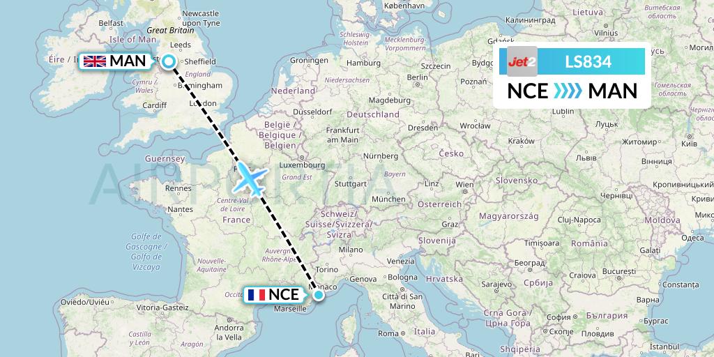 LS834 Jet2 Flight Map: Nice to Manchester