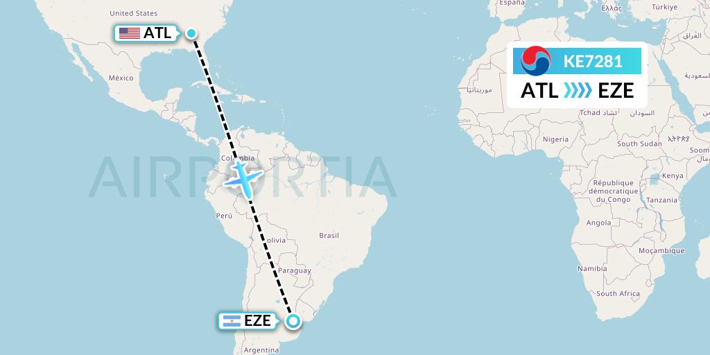 KE7281 Korean Air Flight Map: Atlanta to Buenos Aires
