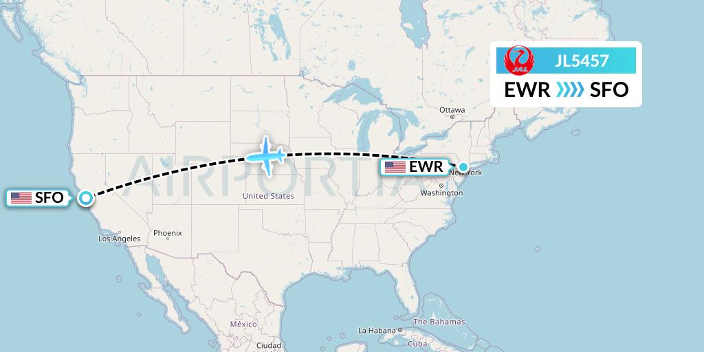 JL5457 Japan Airlines Flight Map: New York to San Francisco