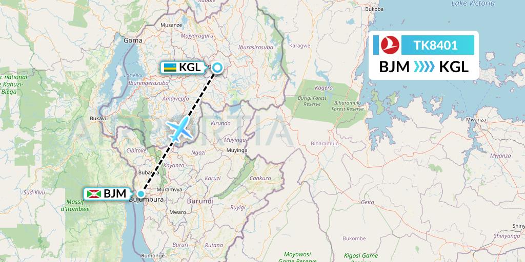 TK8401 Turkish Airlines Flight Map: Bujumbura to Kigali