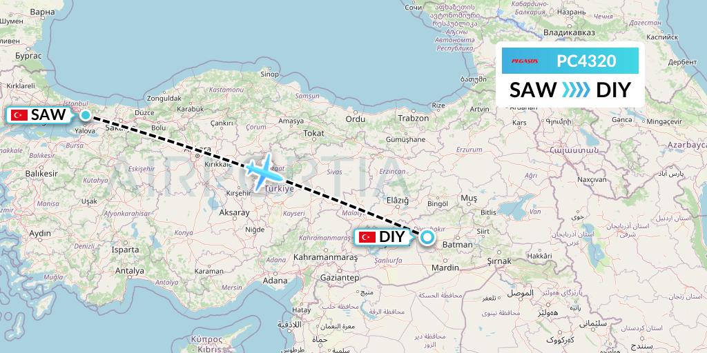 PC4320 Pegasus Airlines Flight Map: Istanbul to Diyarbakir