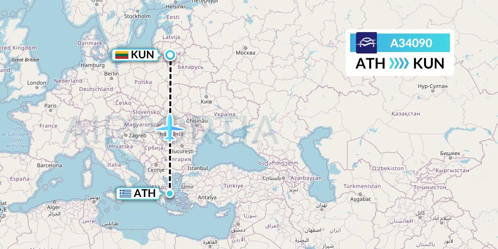 A34090 Aegean Airlines Flight Map: Athens to Kaunas