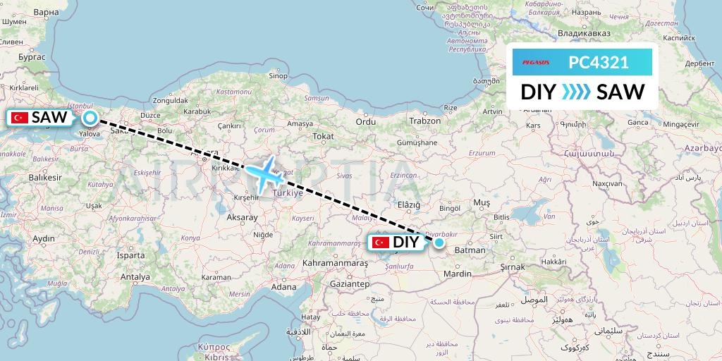 PC4321 Pegasus Airlines Flight Map: Diyarbakir to Istanbul