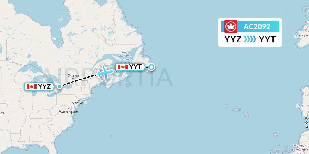 AC2092 Air Canada Flight Map: Toronto to St. John's