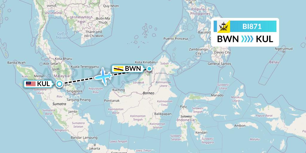 BI871 Royal Brunei Airlines Flight Map: Brunei to Kuala Lumpur