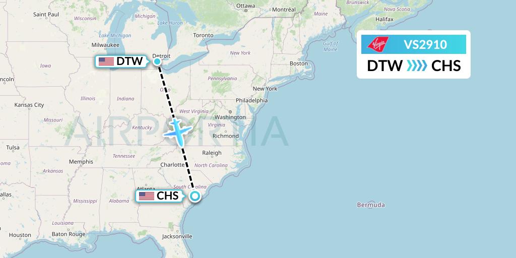 VS2910 Virgin Atlantic Airways Flight Map: Detroit to Charleston