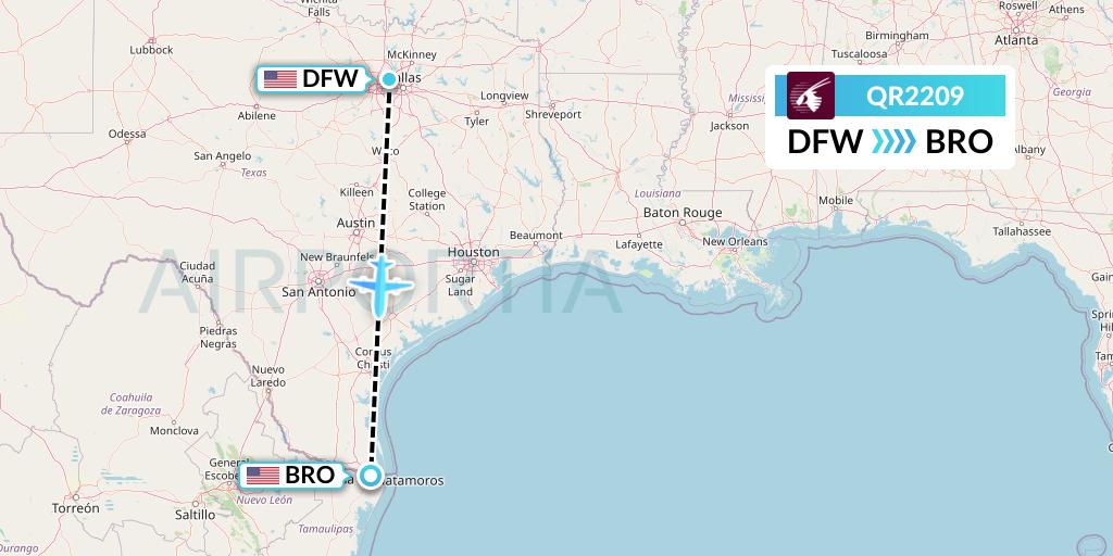QR2209 Qatar Airways Flight Map: Dallas to Brownsville