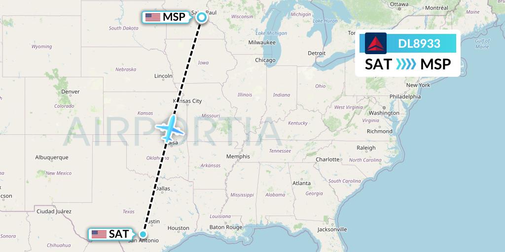 DL8933 Delta Air Lines Flight Map: San Antonio to Minneapolis